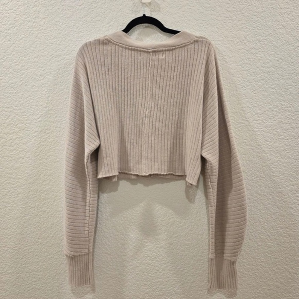 Free People FP Beach Ribbed Cropped Cardigan Sweater Beige Large Balloon Sleeve - Picture 8 of 12